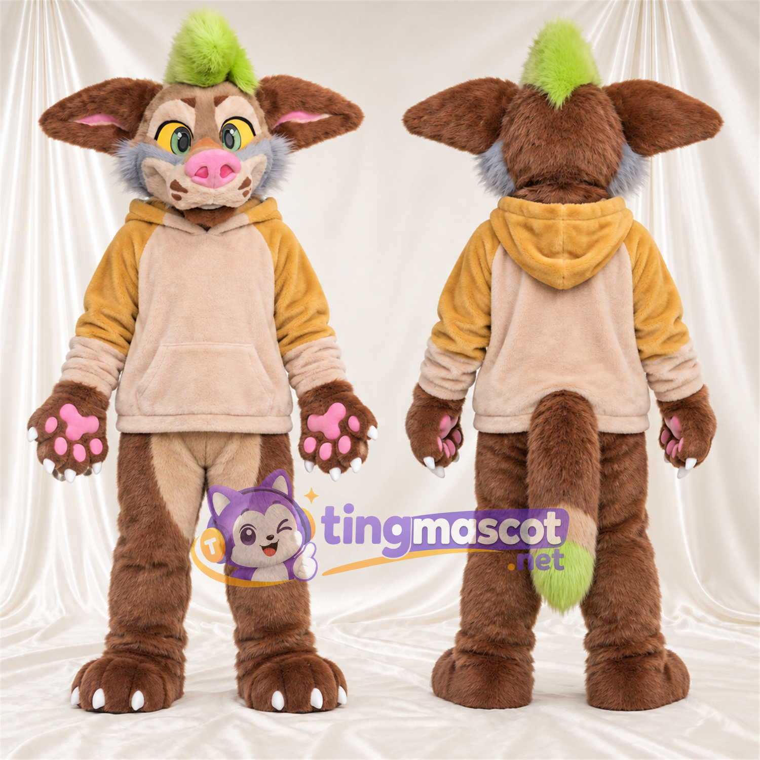 Costume de mascotte Créature fantastique – marron – Sweat à capuche (jaune); Touffe de cheveux (vert) Costume de mascotte Créature fantastique – marron – Sweat à capuche (jaune); Touffe de cheveux (vert)