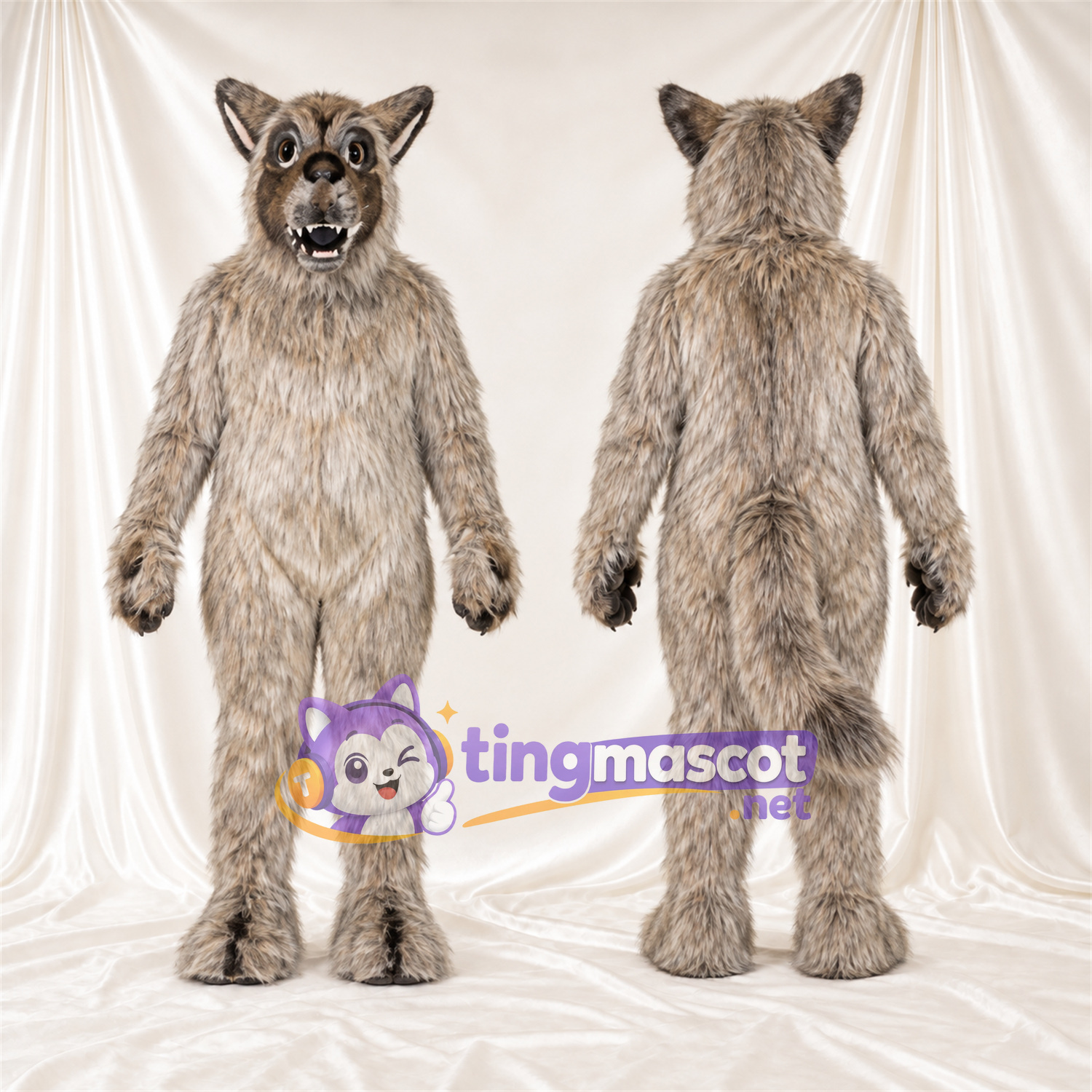 Brown and Gray Coyote Mascot Costume - Pointed Fangs and Shaggy Fur Brown and Gray Coyote Mascot Costume - Pointed Fangs and Shaggy Fur