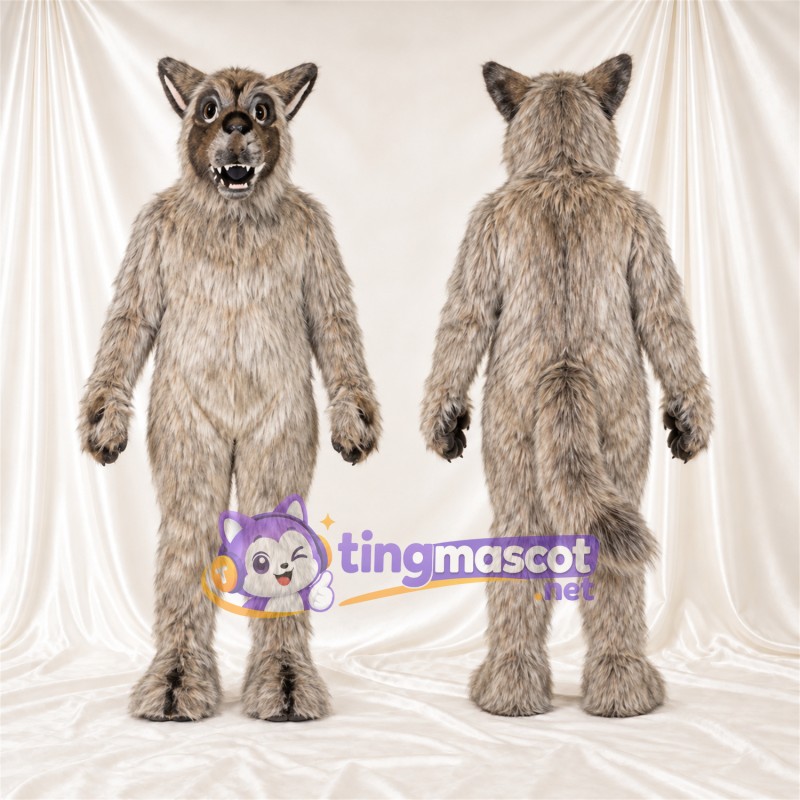 Brown and Gray Coyote Mascot Costume - Pointed Fangs and Shaggy Fur