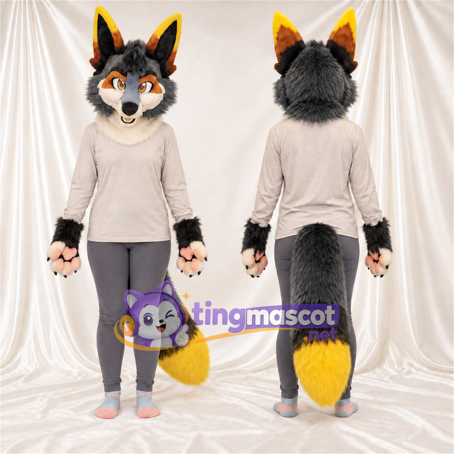 Costume de mascotte Coyote – gris / noir – Bout de la queue (jaune); Chemise (blanc) Costume de mascotte Coyote – gris / noir – Bout de la queue (jaune); Chemise (blanc)