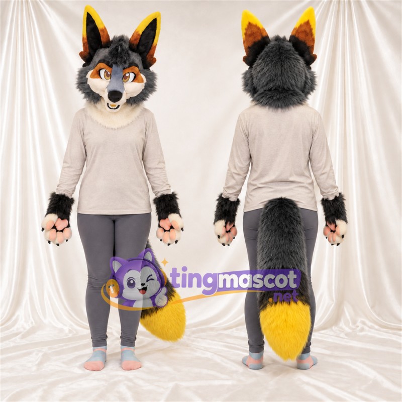 Costume de mascotte Coyote – gris / noir – Bout de la queue (jaune); Chemise (blanc)