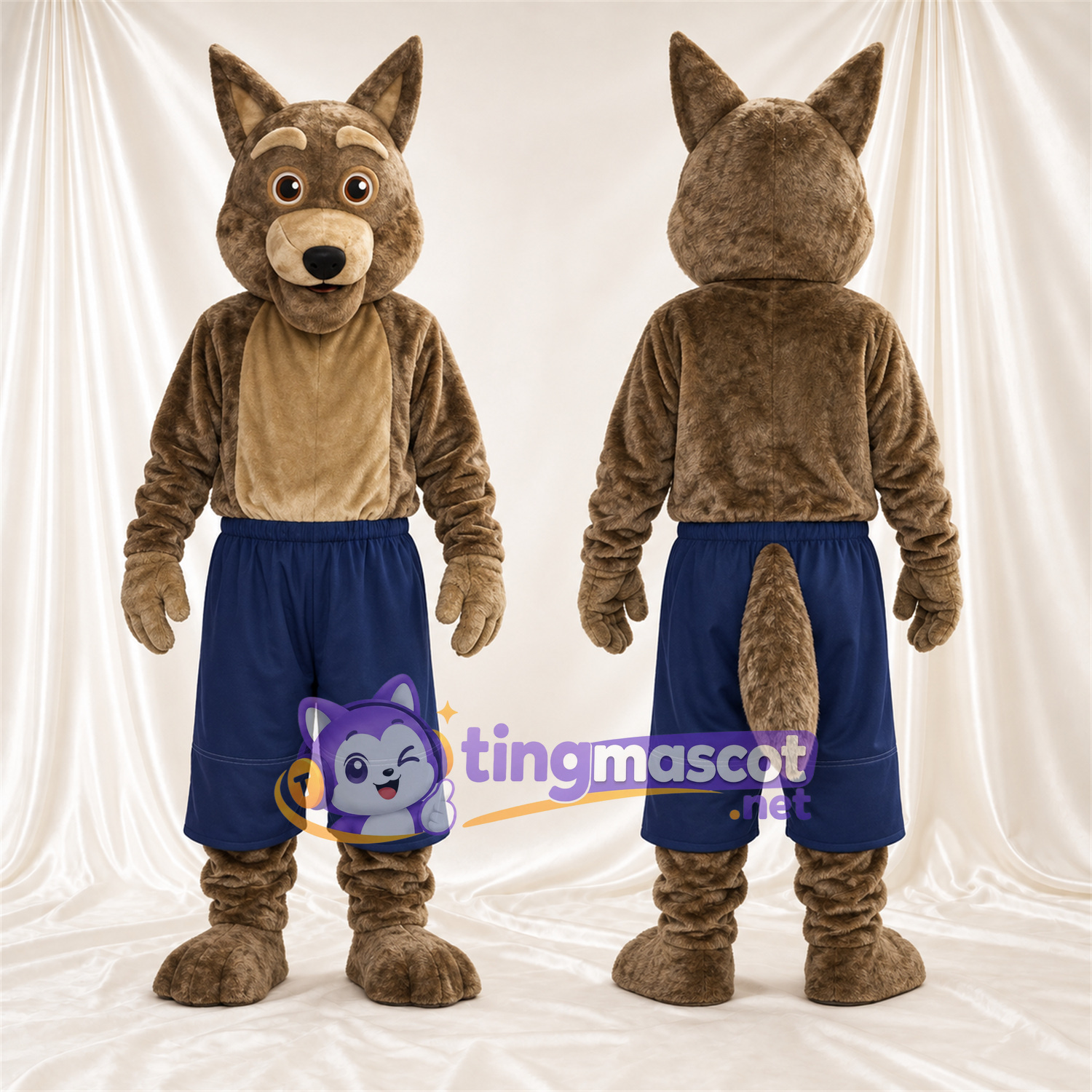 Costume de mascotte Coyote – marron – Short (bleu marine) Costume de mascotte Coyote – marron – Short (bleu marine)