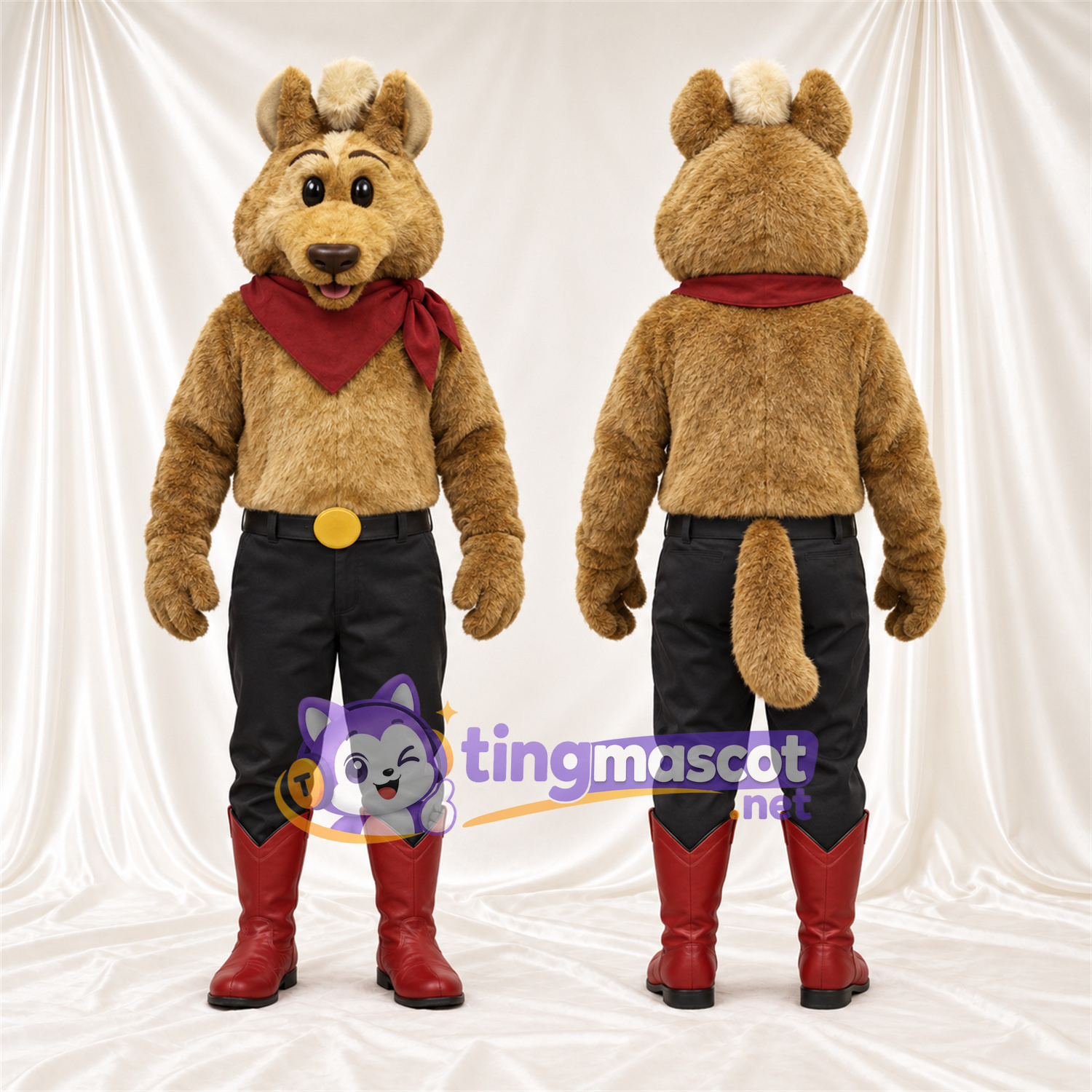 Costume de mascotte Coyote – marron – Pantalon (noir); Bottes (rouge) Costume de mascotte Coyote – marron – Pantalon (noir); Bottes (rouge)