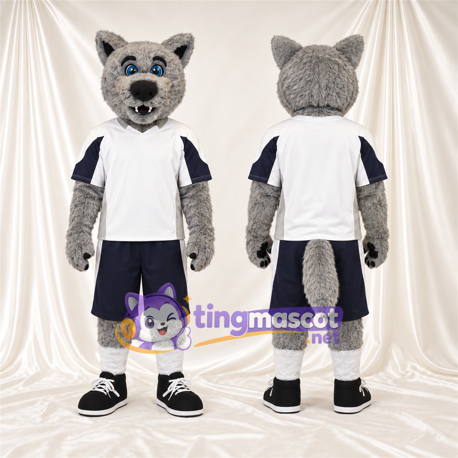 Costume de mascotte Loup – gris – Chemise (blanc); Short Costume de mascotte Loup – gris – Chemise (blanc); Short