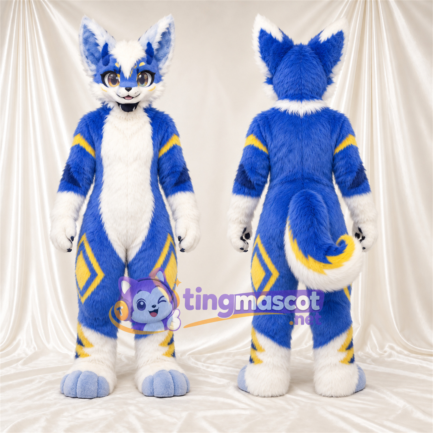 Costume de mascotte Coyote – bleu / blanc – Touches de couleur (jaune) Costume de mascotte Coyote – bleu / blanc – Touches de couleur (jaune)