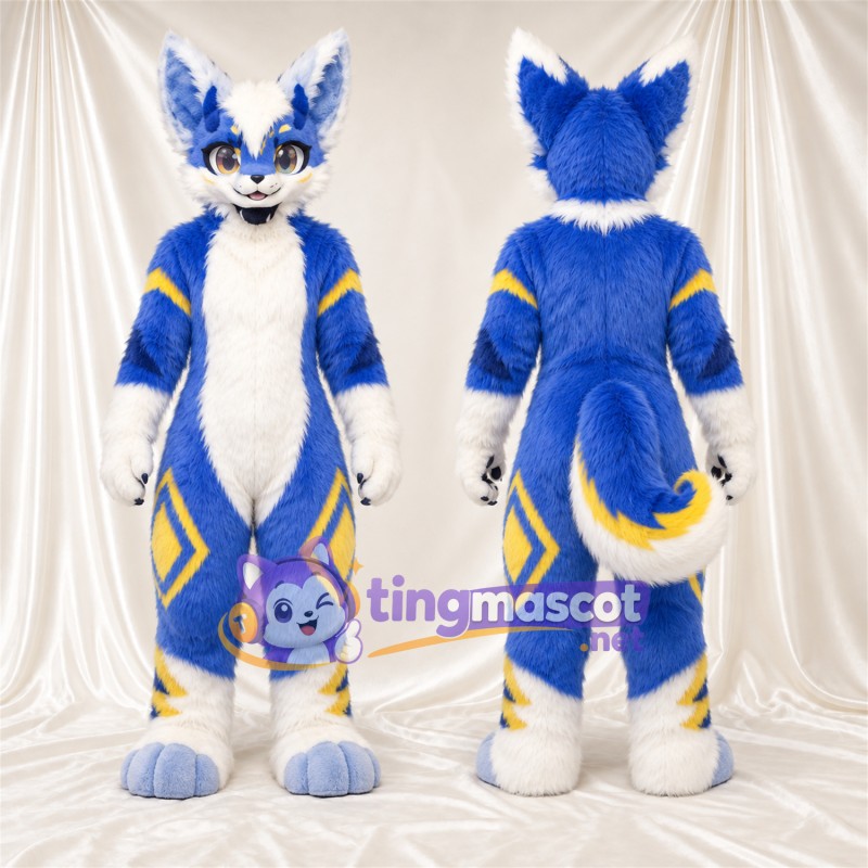Costume de mascotte Coyote – bleu / blanc – Touches de couleur (jaune)