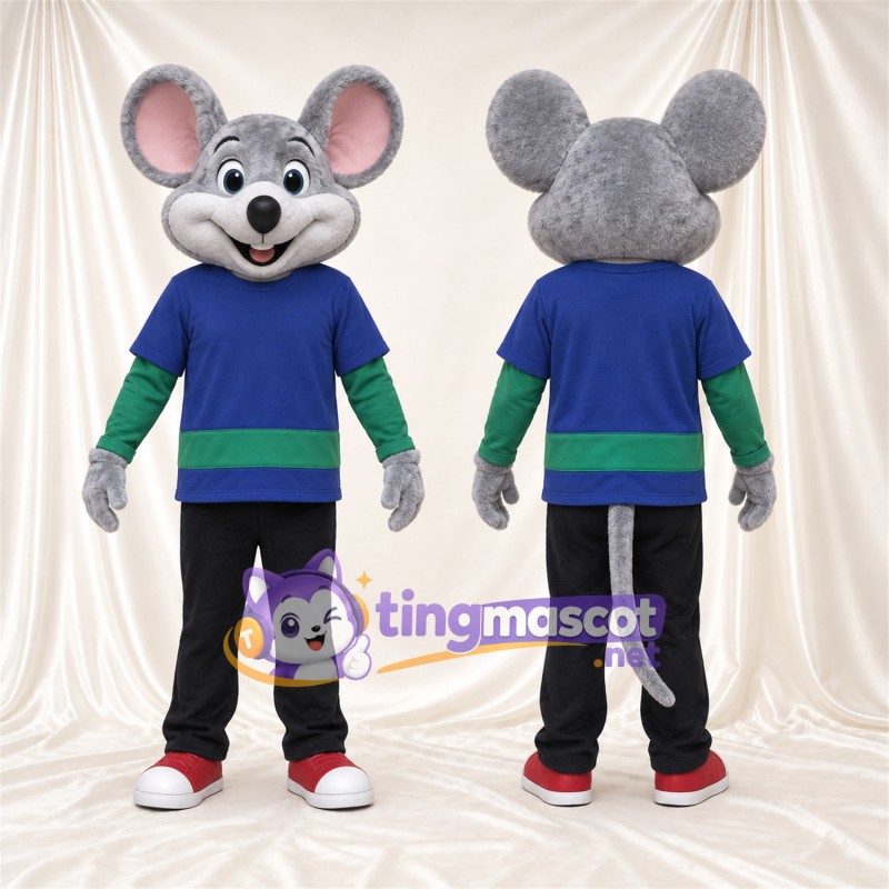 Costume de mascotte Souris – gris – Chemise (bleu / vert); Pantalon (noir)