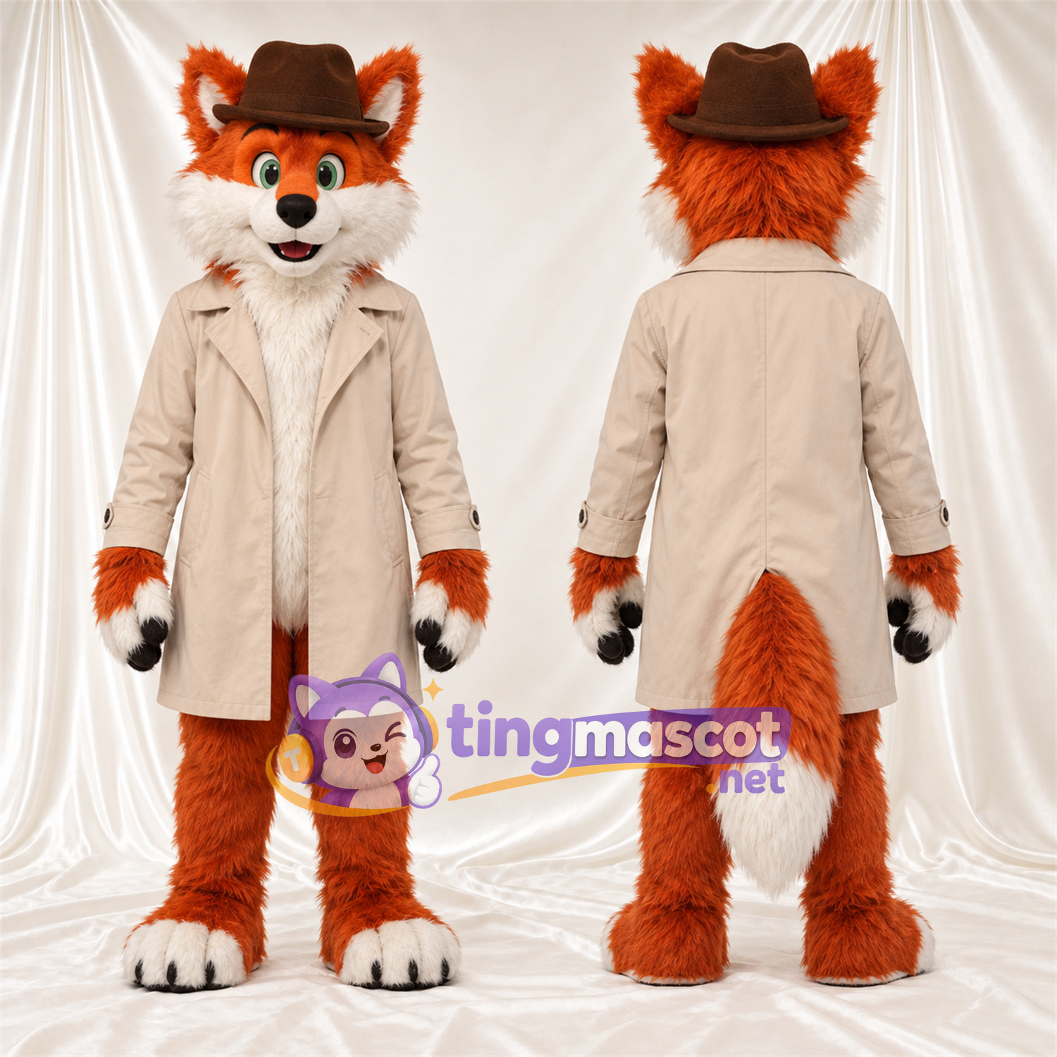 Maskottchenkostüm Fuchs – orange / weiß – Mantel; Hut (braun) Maskottchenkostüm Fuchs – orange / weiß – Mantel; Hut (braun)