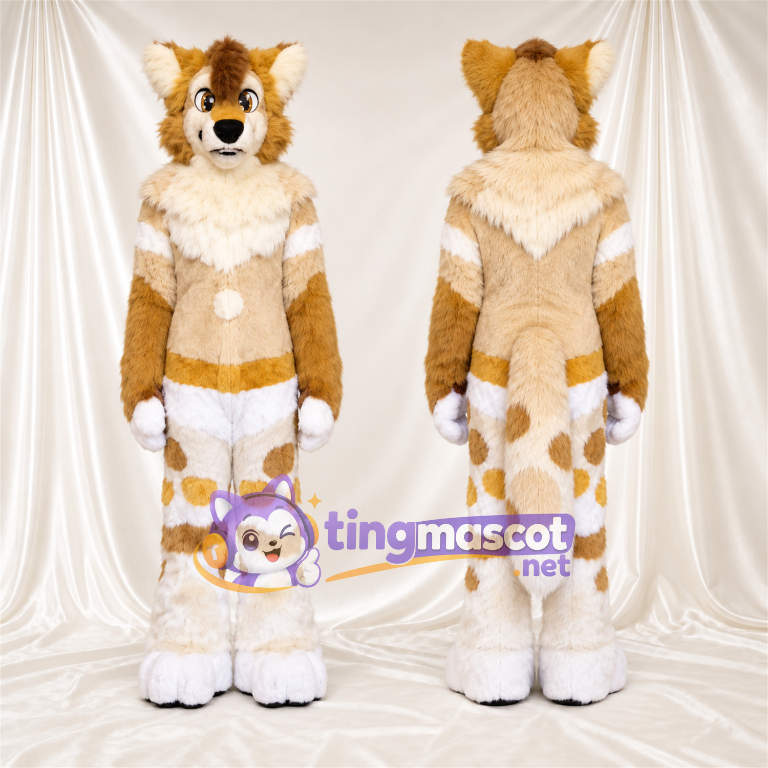 Maskottchenkostüm Kojote – hellbraun / weiß – Halskrause (weiß); Flecken (weiß) Maskottchenkostüm Kojote – hellbraun / weiß – Halskrause (weiß); Flecken (weiß)