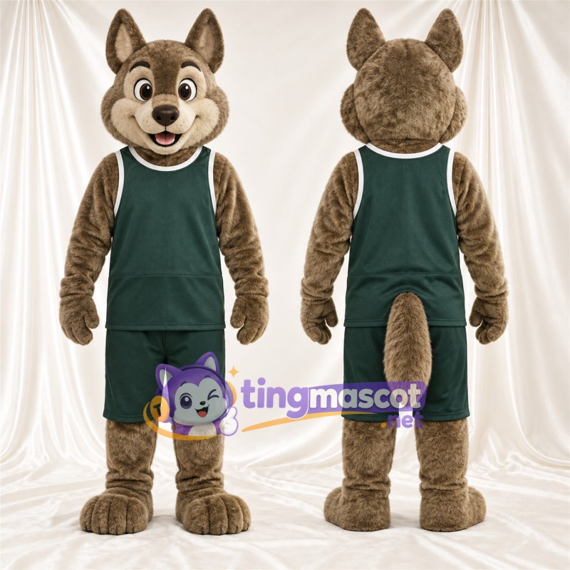 Maskottchenkostüm Kojote – braun – Basketballtrikot (grün); Runder Schwanz