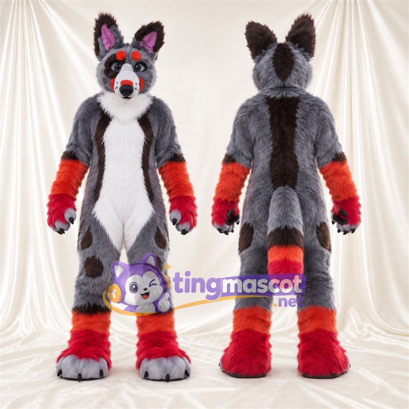 Gray, Red and White Coyote Mascot Costume