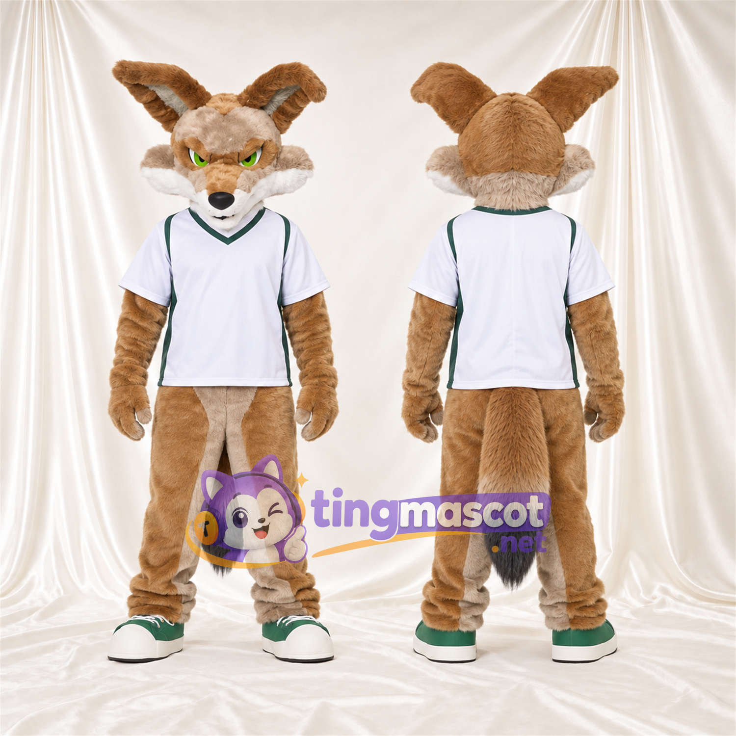 Costume de mascotte Coyote – brun clair – Chemise (blanc) Costume de mascotte Coyote – brun clair – Chemise (blanc)