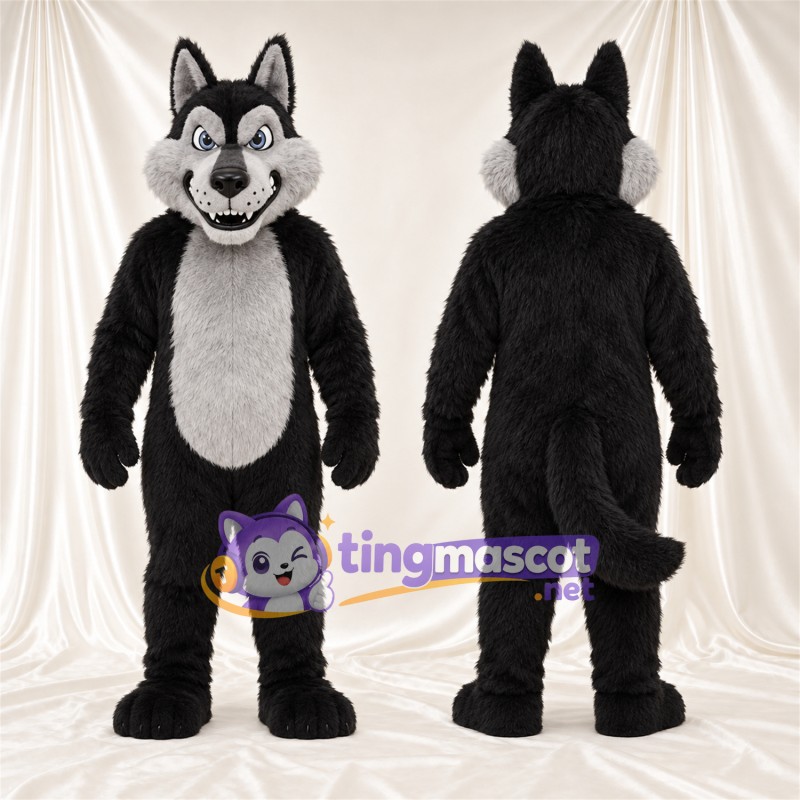 Black and White Coyote Mascot Costume - Gray Tail and Toothy Grin