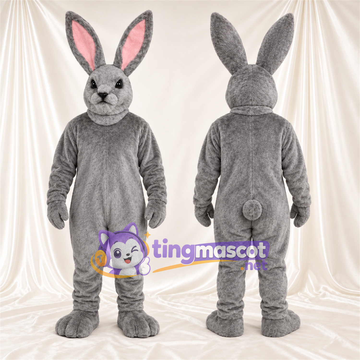 Costume de mascotte Lapin – gris – Intérieur des oreilles (rose); Fourrure hirsute Costume de mascotte Lapin – gris – Intérieur des oreilles (rose); Fourrure hirsute