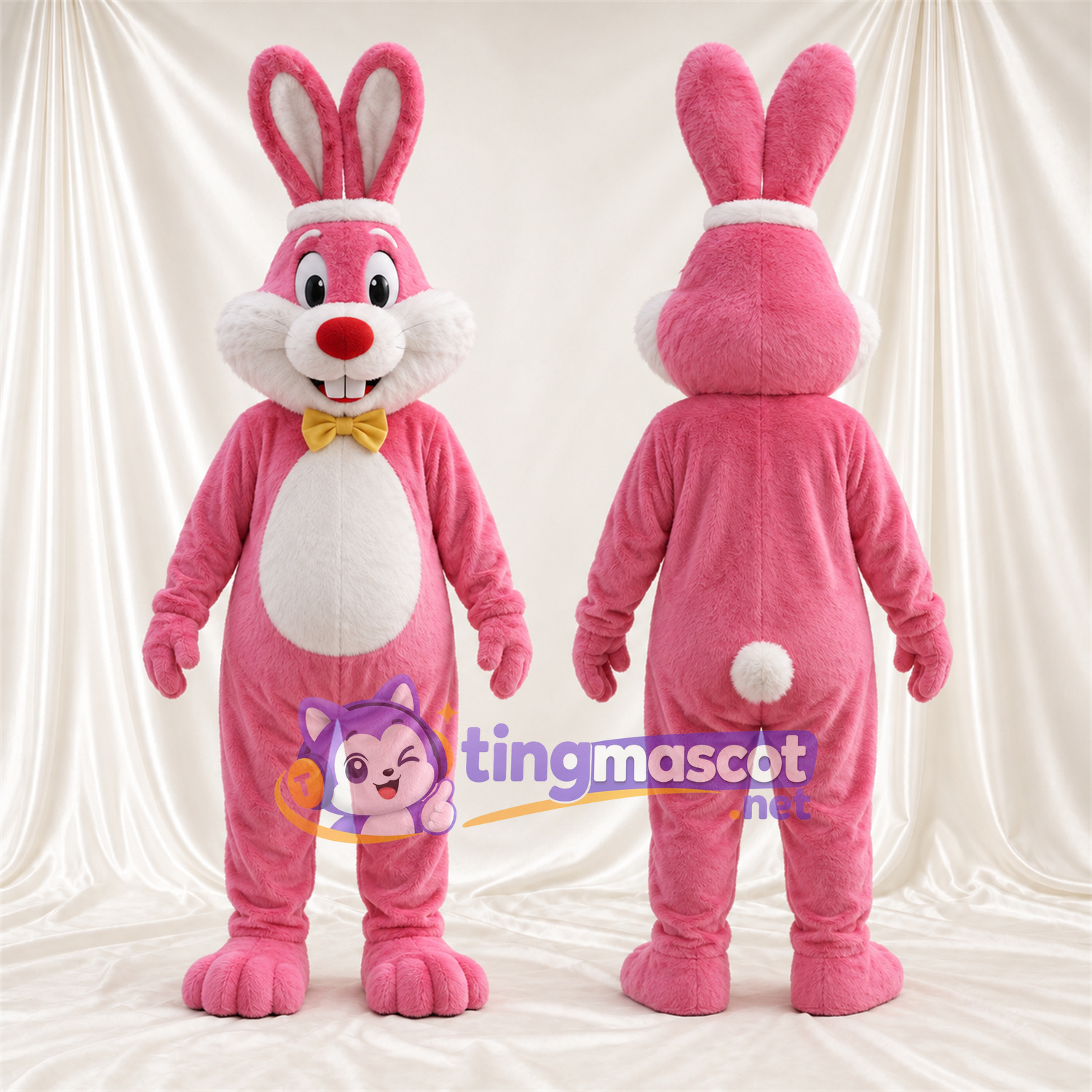 Costume de mascotte Lapin – rose – Nœud papillon (jaune); Intérieur des oreilles (blanc)
