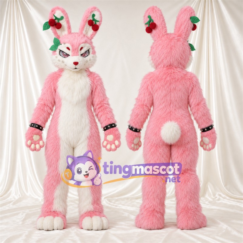 Maskottchenkostüm Hase – rosa / weiß – Blumenschmuck an den Ohren