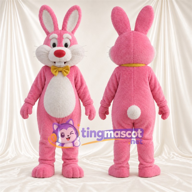 Costume de mascotte Lapin – rose – Nœud papillon (jaune); Intérieur des oreilles (blanc)