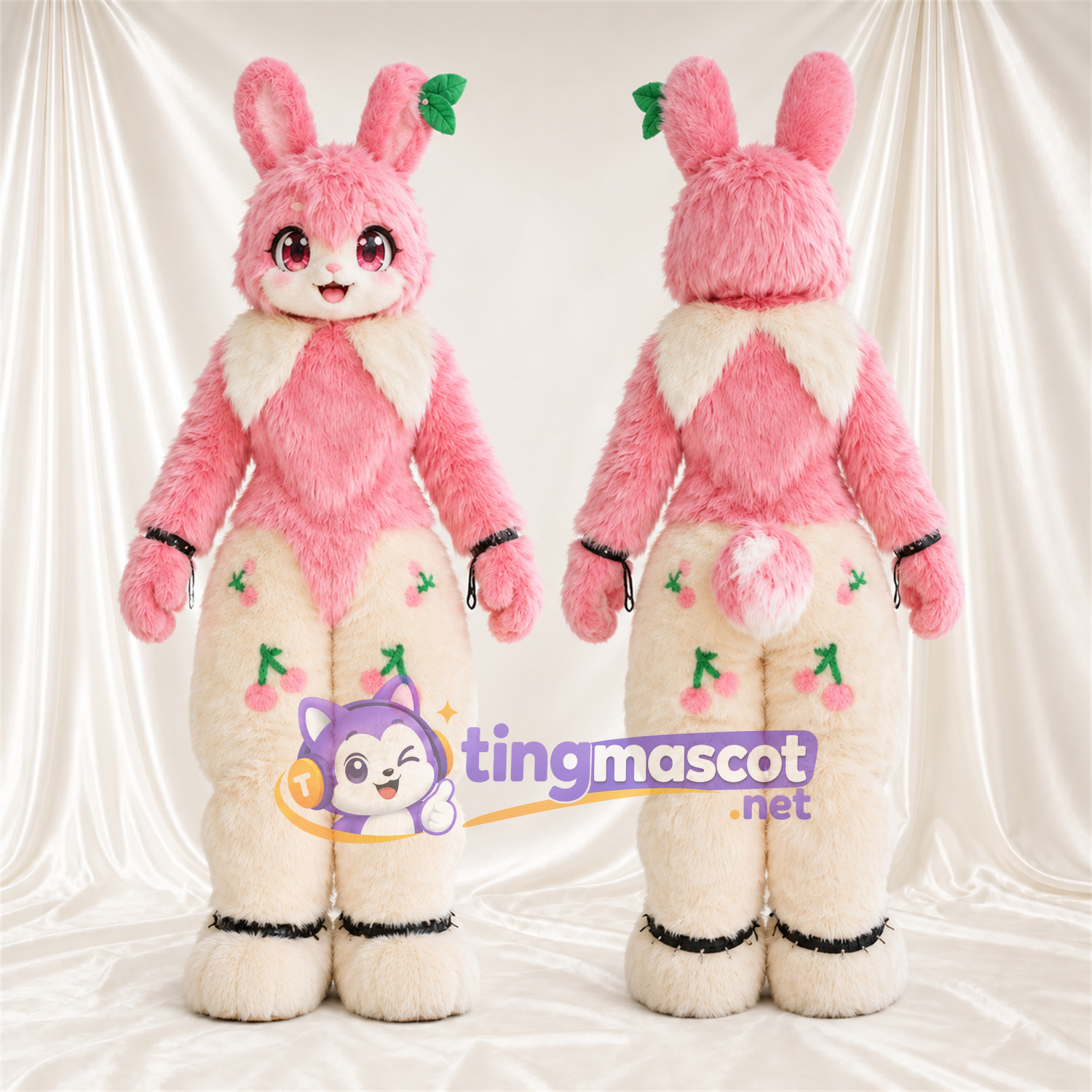 Maskottchenkostüm Hase – rosa / creme – Blumenschmuck an Beinen und Ohren Maskottchenkostüm Hase – rosa / creme – Blumenschmuck an Beinen und Ohren