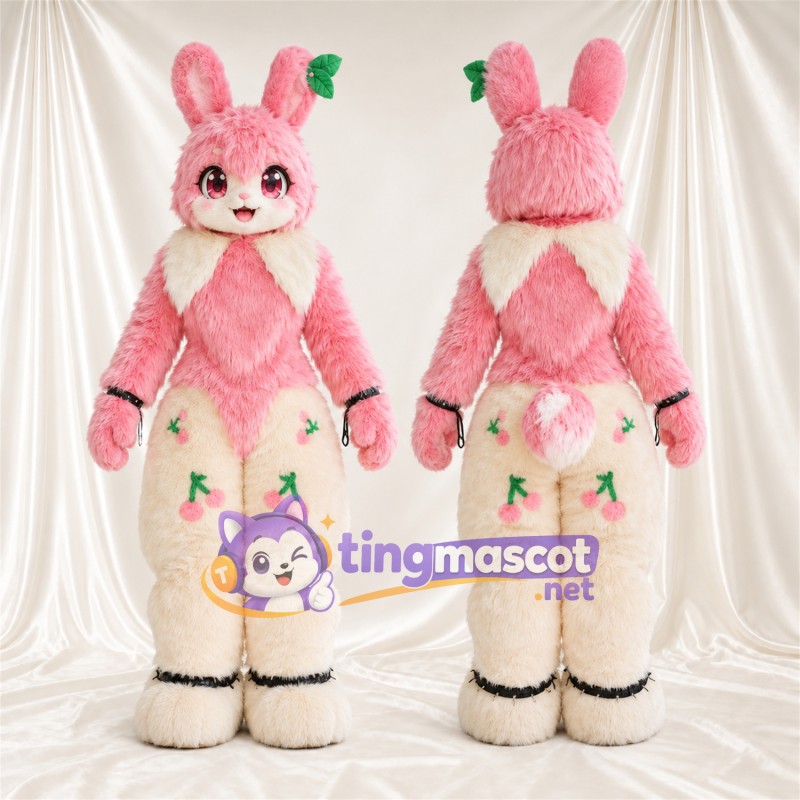 Maskottchenkostüm Hase – rosa / creme – Blumenschmuck an Beinen und Ohren