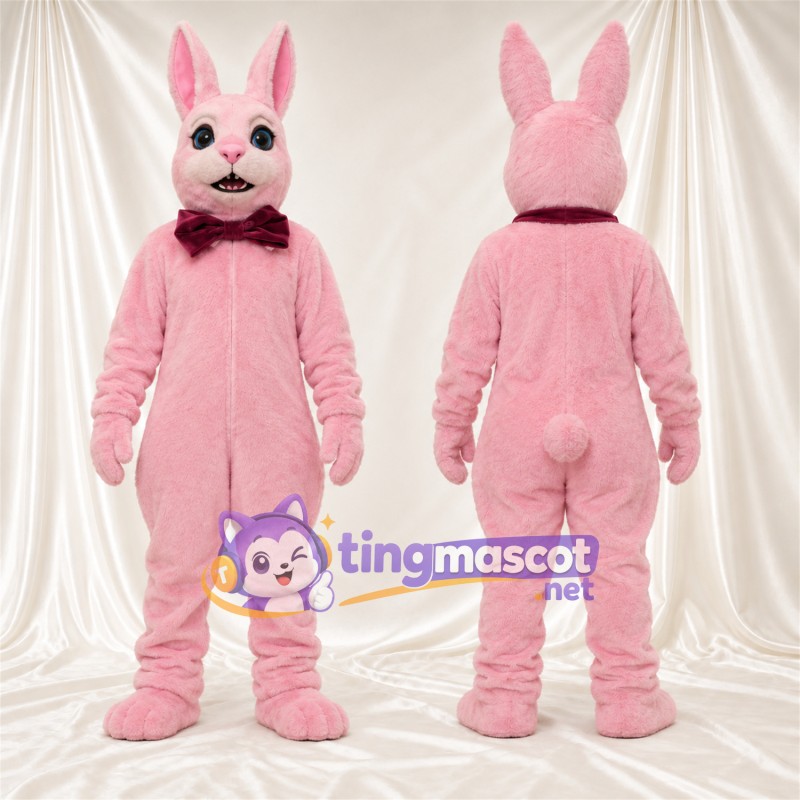 Costume de mascotte Lapin – rose – Nœud papillon (bordeaux); Longues oreilles