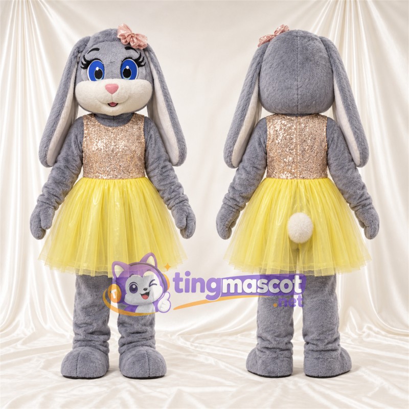 Maskottchenkostüm Hase – grau – Oberteil (goldfarben); Tutu (gelb)