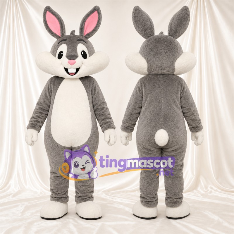 Maskottchenkostüm Hase – grau / weiß – Ohreninnenseiten (rosa); Füße (weiß)