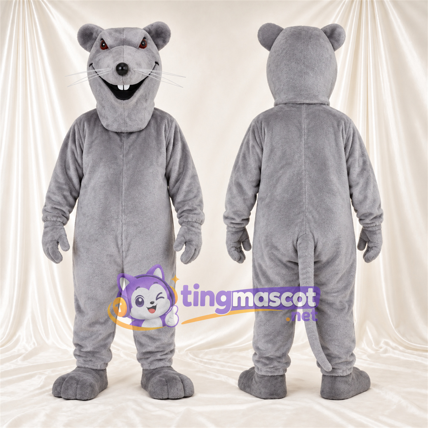 Maskottchenkostüm Maus – grau – Lange Schnauze; Breites Zahngrinsen Maskottchenkostüm Maus – grau – Lange Schnauze; Breites Zahngrinsen