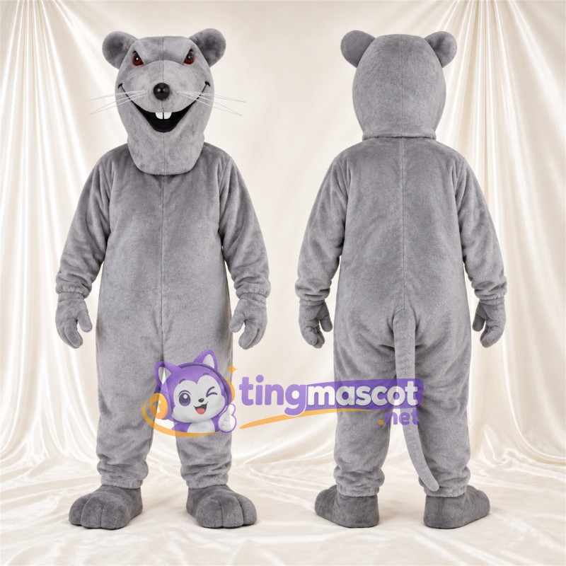 Maskottchenkostüm Maus – grau – Lange Schnauze; Breites Zahngrinsen