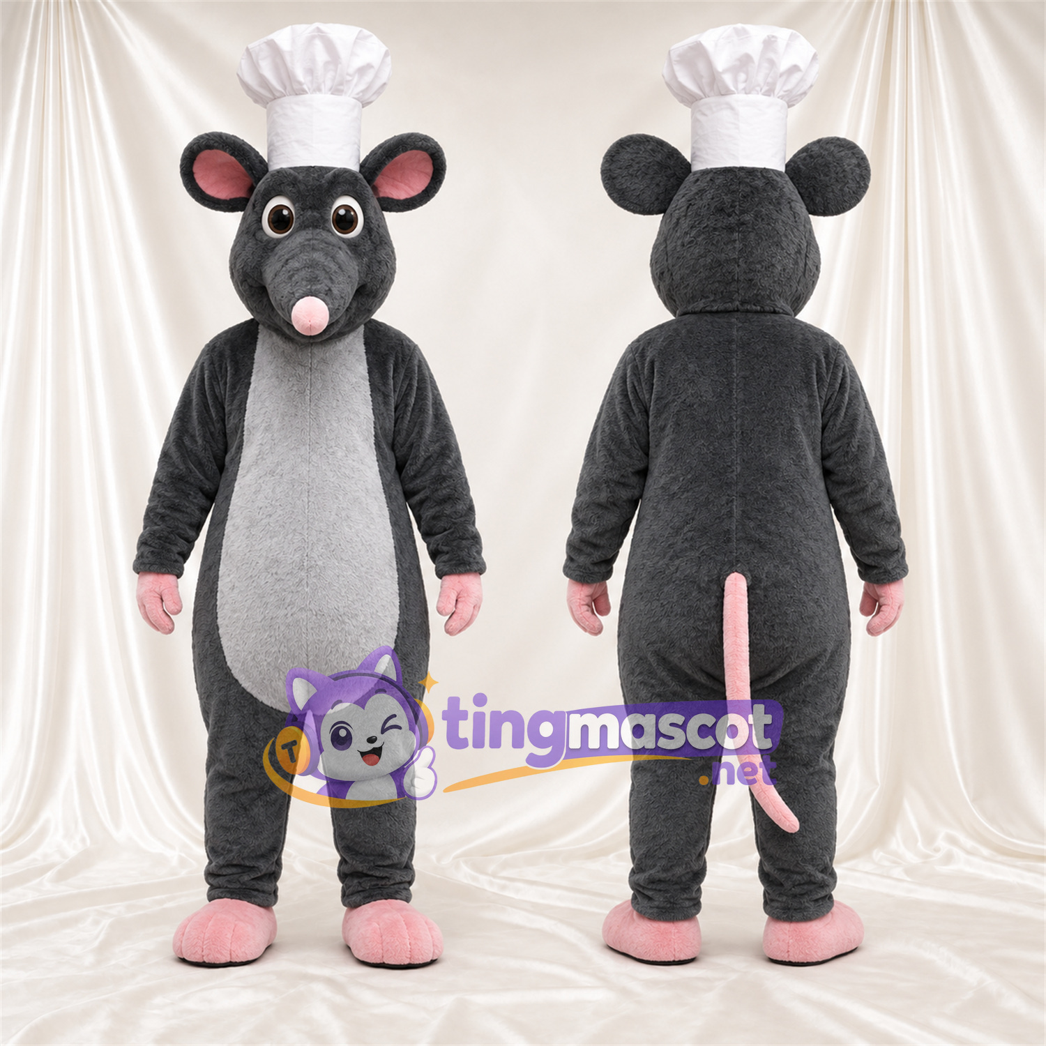 Maskottchenkostüm Maus – dunkelgrau – Kochmütze (weiß) Maskottchenkostüm Maus – dunkelgrau – Kochmütze (weiß)