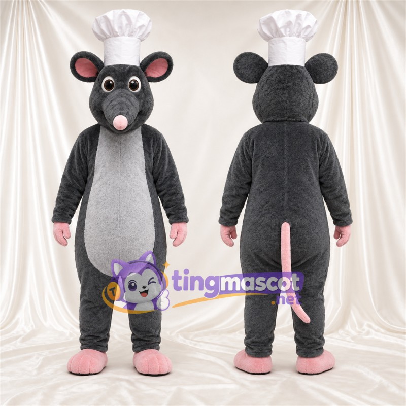 Maskottchenkostüm Maus – dunkelgrau – Kochmütze (weiß)