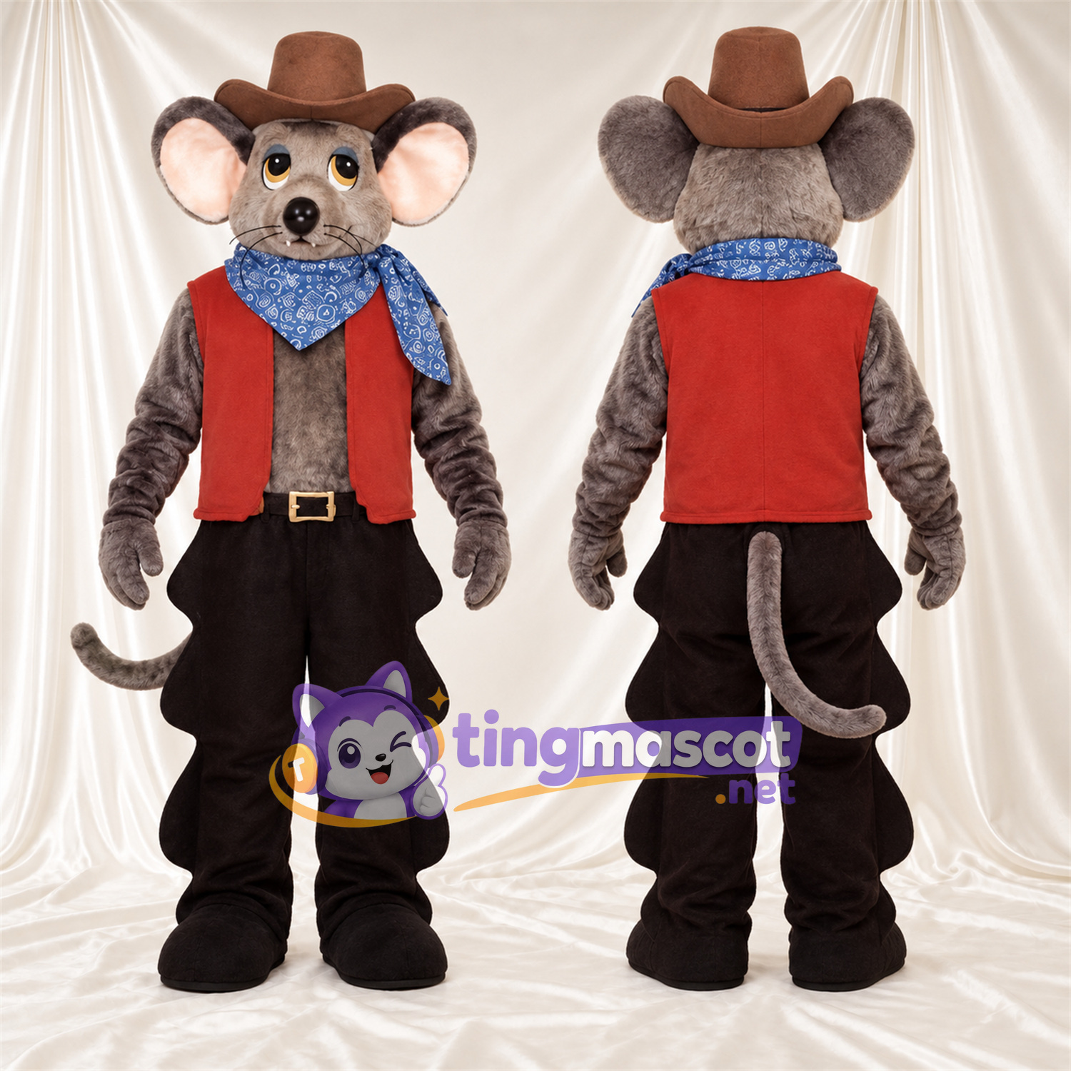 Maskottchenkostüm Ratte – braun – Weste (rot); Hose (schwarz) Maskottchenkostüm Ratte – braun – Weste (rot); Hose (schwarz)