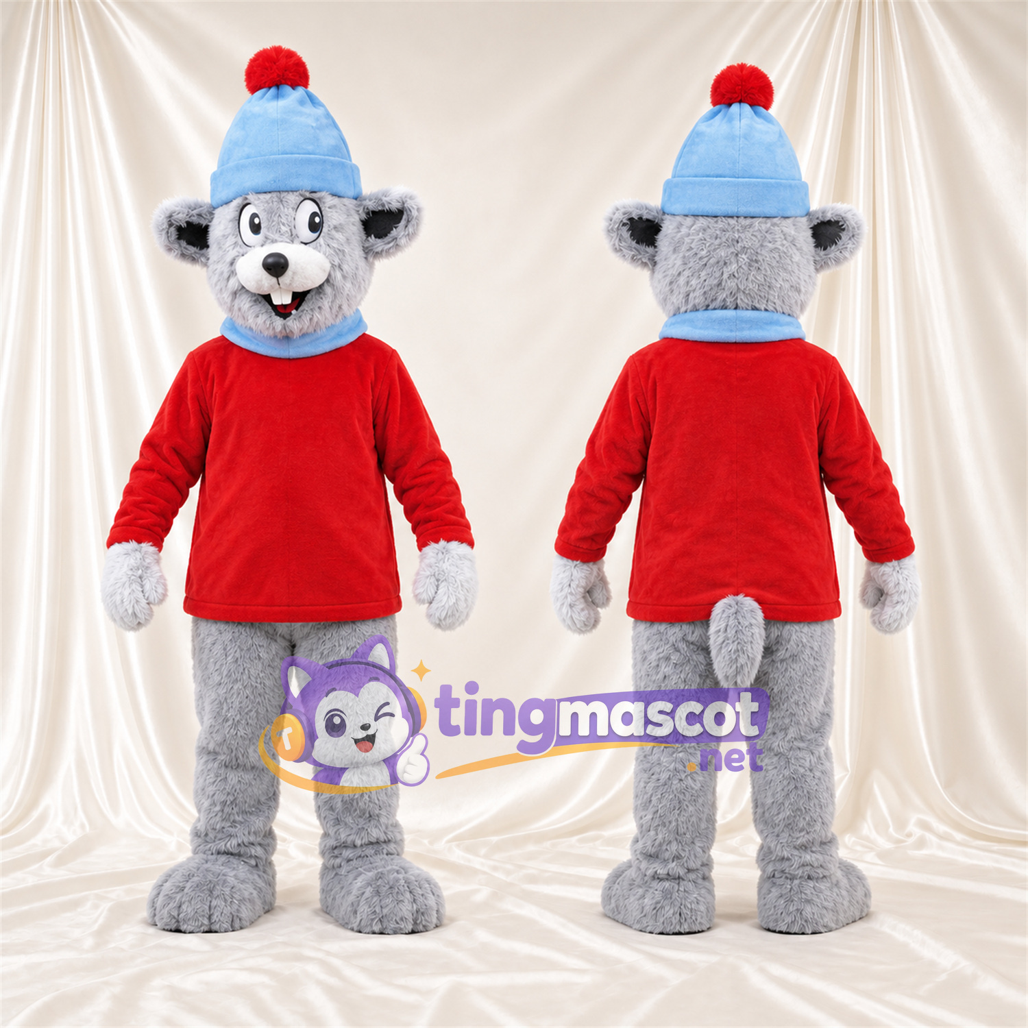 Costume de mascotte Souris – gris – Chemise (rouge); Chapeau (bleu) Costume de mascotte Souris – gris – Chemise (rouge); Chapeau (bleu)