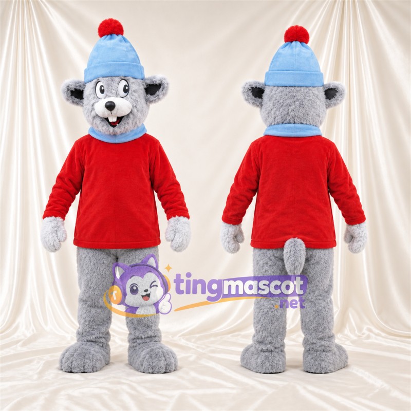 Costume de mascotte Souris – gris – Chemise (rouge); Chapeau (bleu)