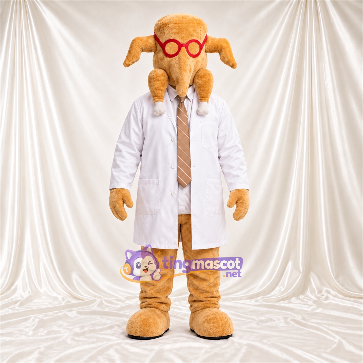 Costume de mascotte Chèvre – brun clair – Blouse de laboratoire (blanc); Lunettes Costume de mascotte Chèvre – brun clair – Blouse de laboratoire (blanc); Lunettes
