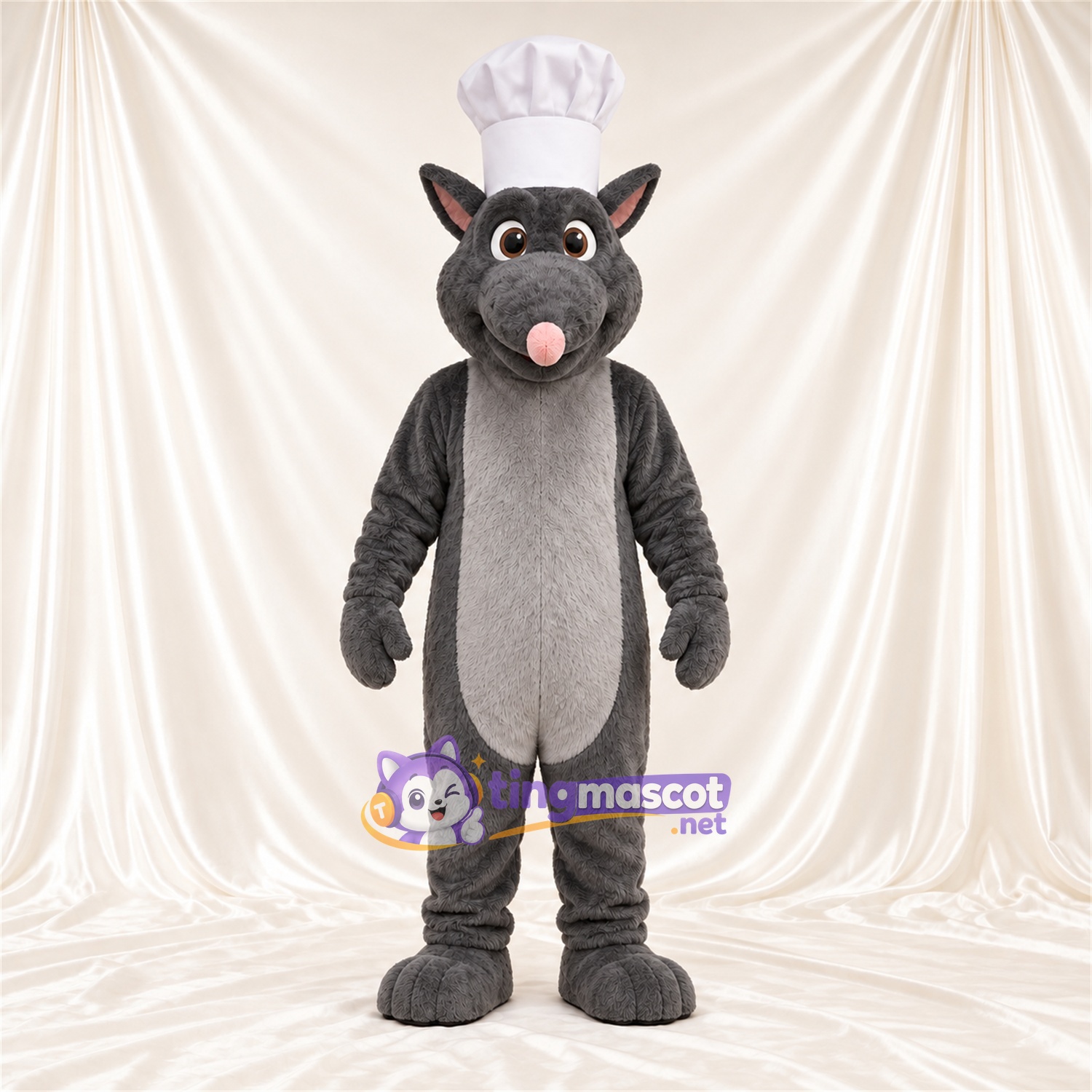 Maskottchenkostüm Ratte – grau – Kochmütze Maskottchenkostüm Ratte – grau – Kochmütze