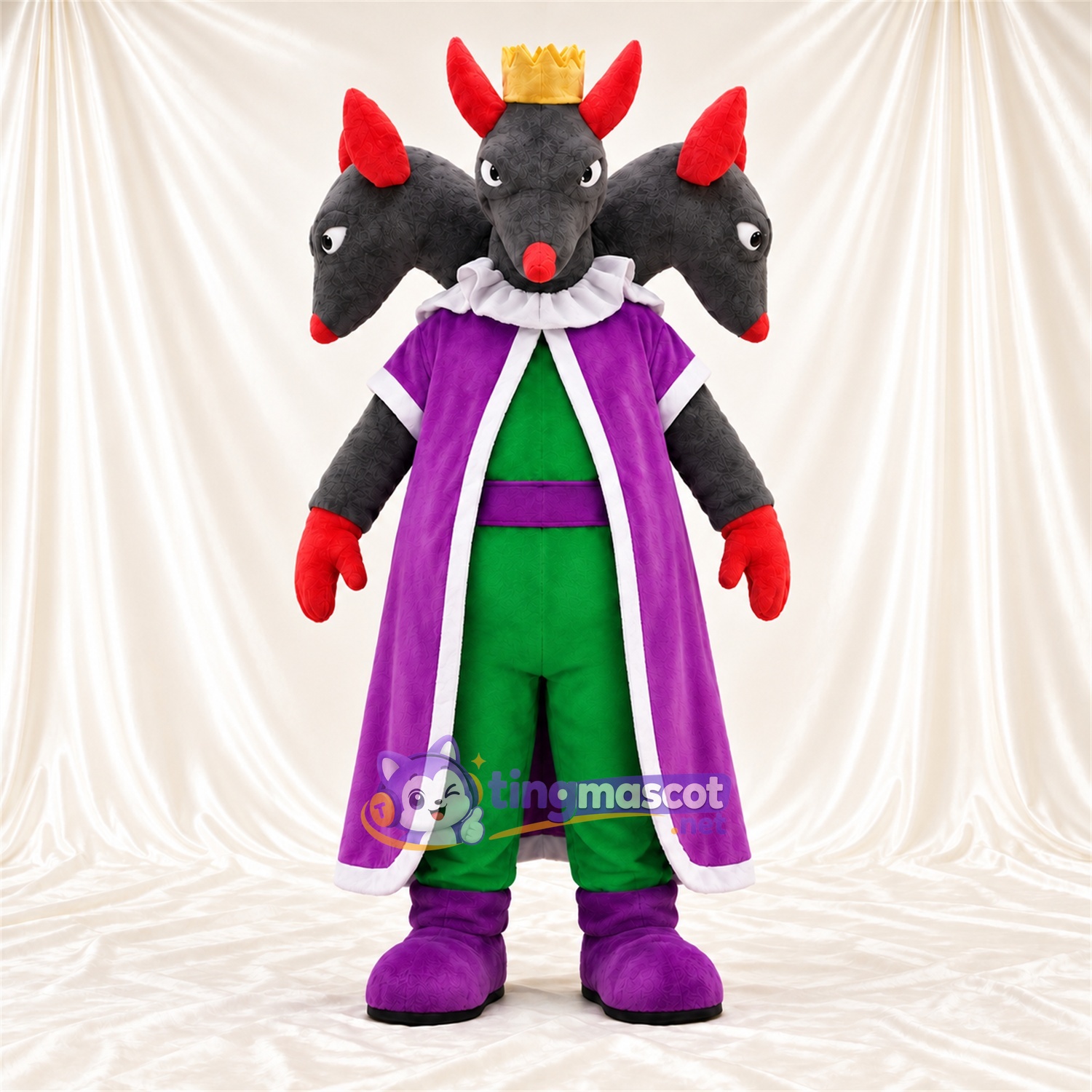 Maskottchenkostüm Dreiköpfiger Drache – grau – Umhang (violett); Outfit (grün) Maskottchenkostüm Dreiköpfiger Drache – grau – Umhang (violett); Outfit (grün)