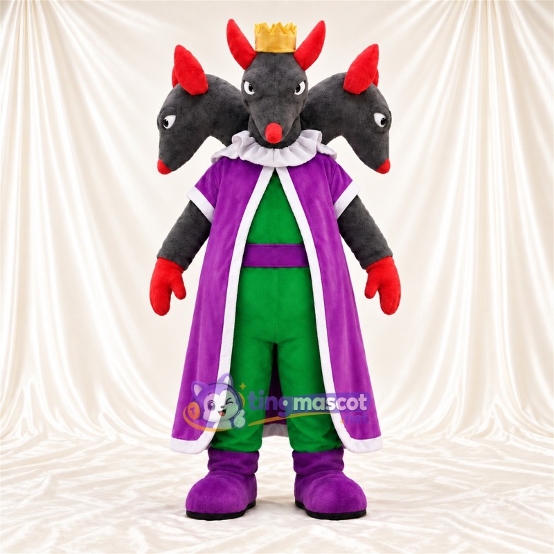 Maskottchenkostüm Dreiköpfiger Drache – grau – Umhang (violett); Outfit (grün) Maskottchenkostüm Dreiköpfiger Drache – grau – Umhang (violett); Outfit (grün)