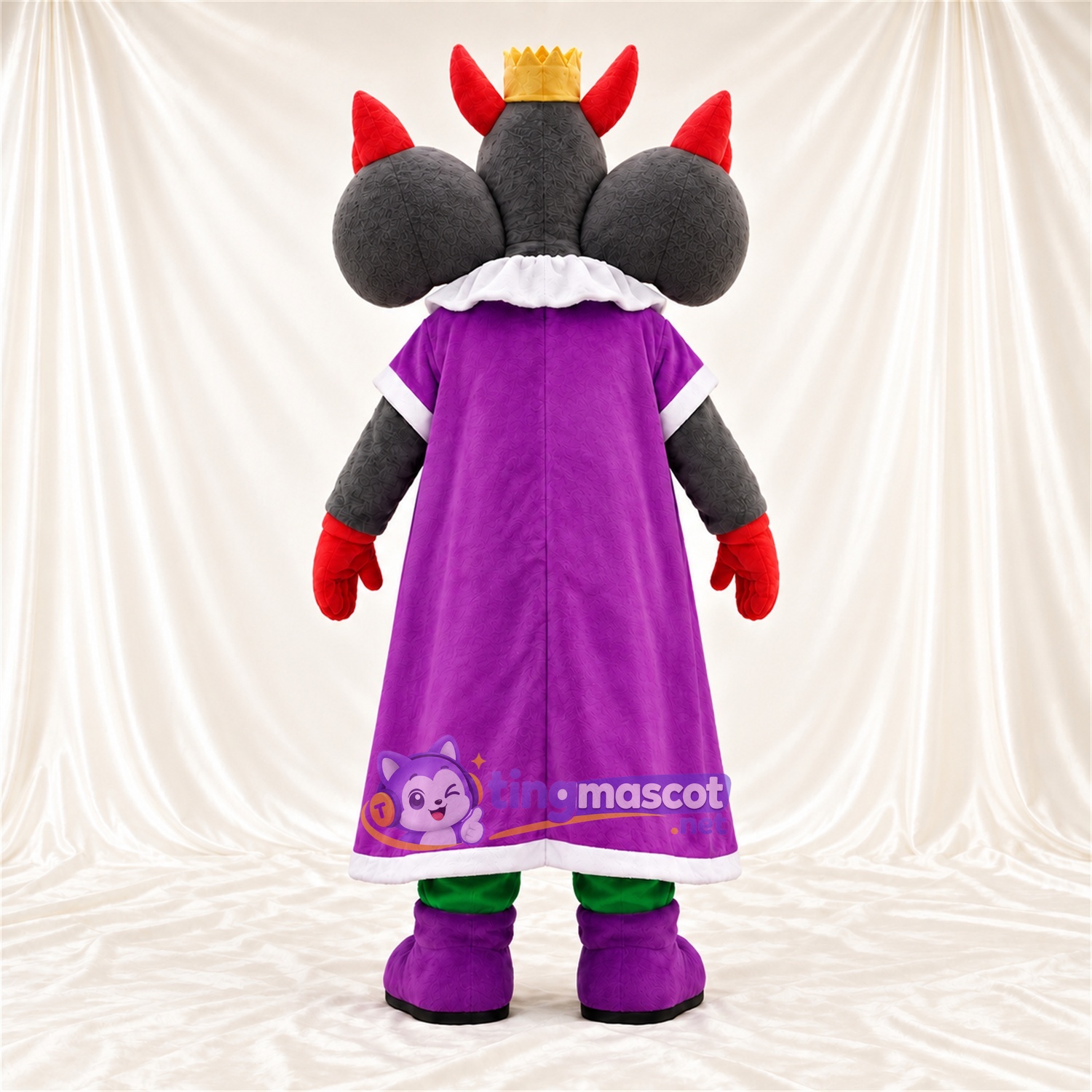 Maskottchenkostüm Dreiköpfiger Drache – grau – Umhang (violett); Outfit (grün) Maskottchenkostüm Dreiköpfiger Drache – grau – Umhang (violett); Outfit (grün)