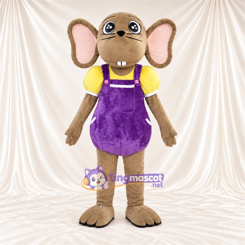 Maskottchenkostüm Ratte – braun – Hemd (gelb); Latzhose (violett) Maskottchenkostüm Ratte – braun – Hemd (gelb); Latzhose (violett)