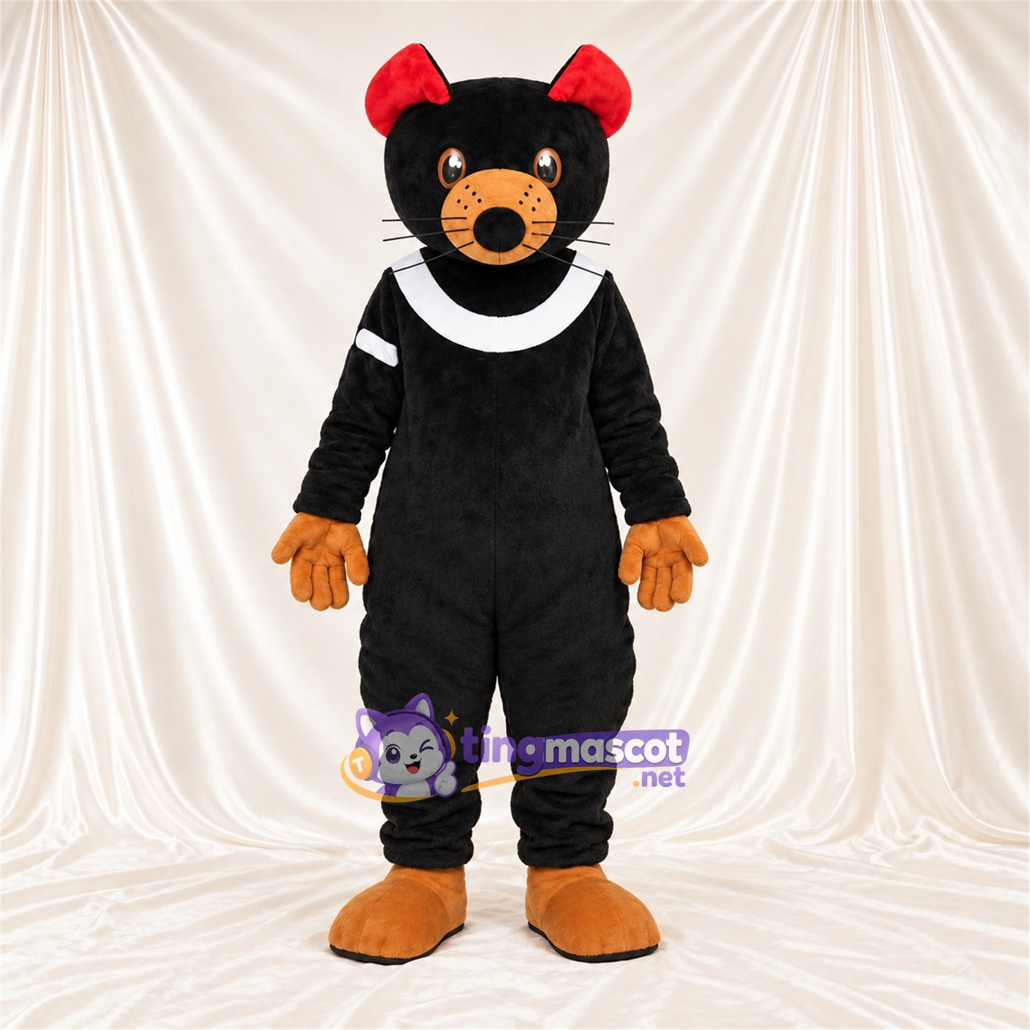 Costume de mascotte Chat – noir – Col (blanc); Nœuds (rouge) Costume de mascotte Chat – noir – Col (blanc); Nœuds (rouge)