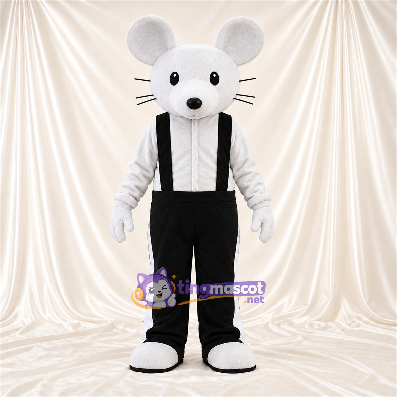 Costume de mascotte Souris – blanc – Salopette (noir) Costume de mascotte Souris – blanc – Salopette (noir)
