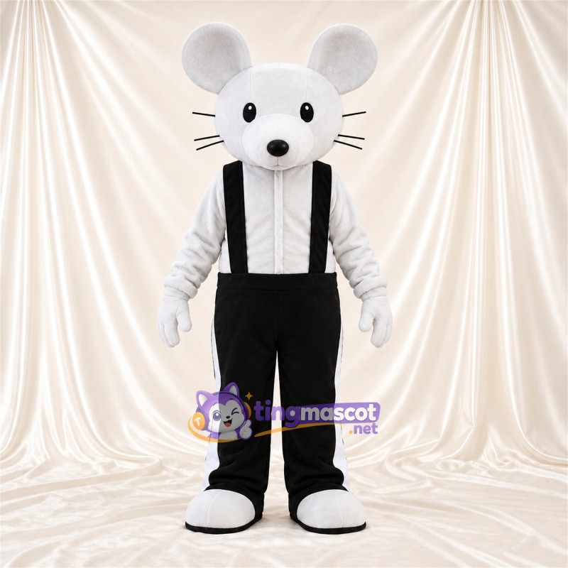Costume de mascotte Souris – blanc – Salopette (noir) Costume de mascotte Souris – blanc – Salopette (noir)