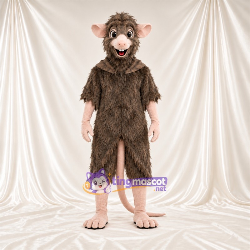 Maskottchenkostüm Ratte – braun – Schwanz (rosa); Zottelfell Maskottchenkostüm Ratte – braun – Schwanz (rosa); Zottelfell
