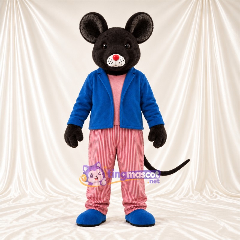 Black Mouse Mascot Costume - Blue Jacket and Pink Pants