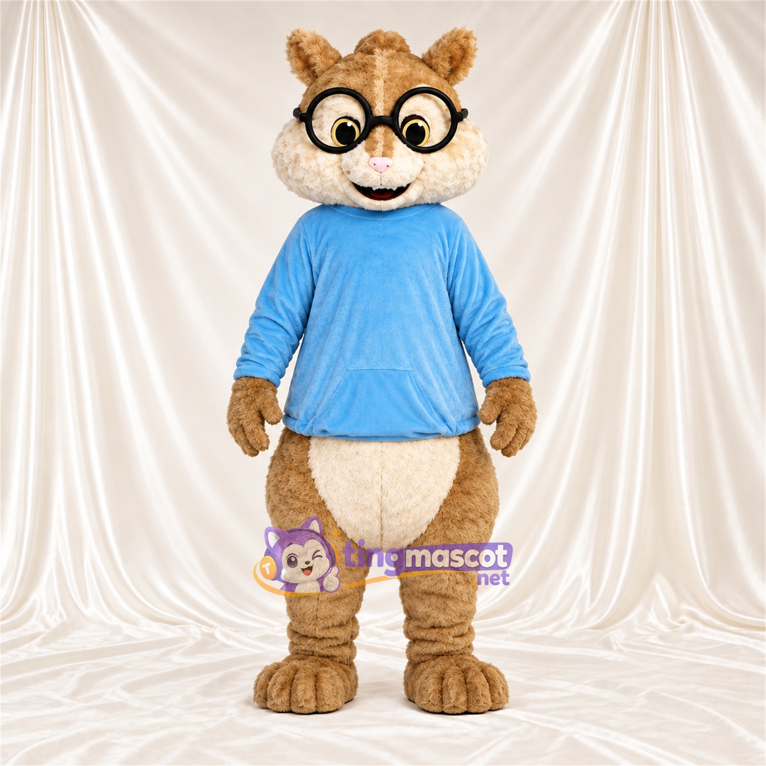 Costume de mascotte Écureuil – marron – Sweat à capuche (bleu); Lunettes Costume de mascotte Écureuil – marron – Sweat à capuche (bleu); Lunettes