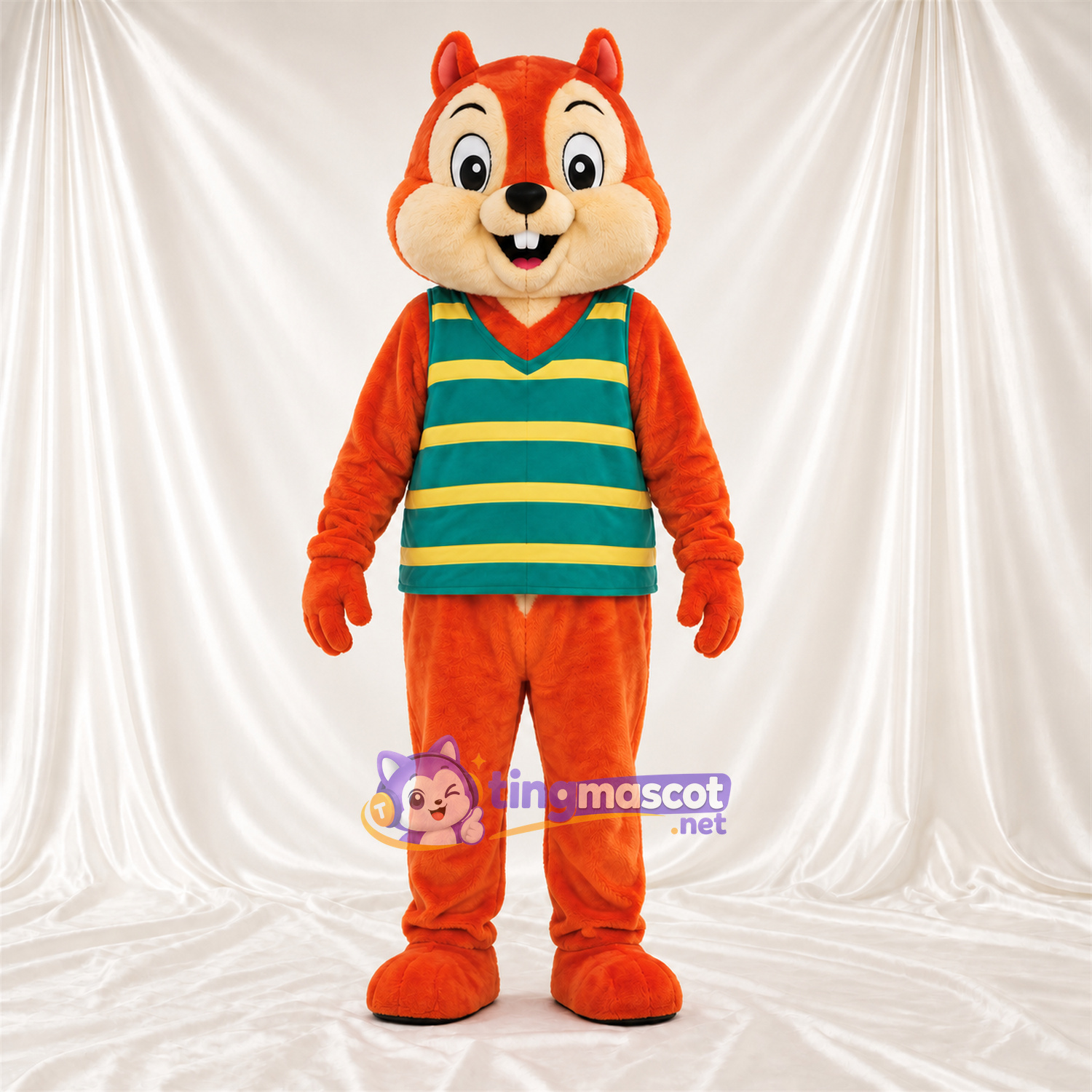 Brown Chipmunk Mascot Costume - Green and Yellow Striped Shirt Brown Chipmunk Mascot Costume - Green and Yellow Striped Shirt