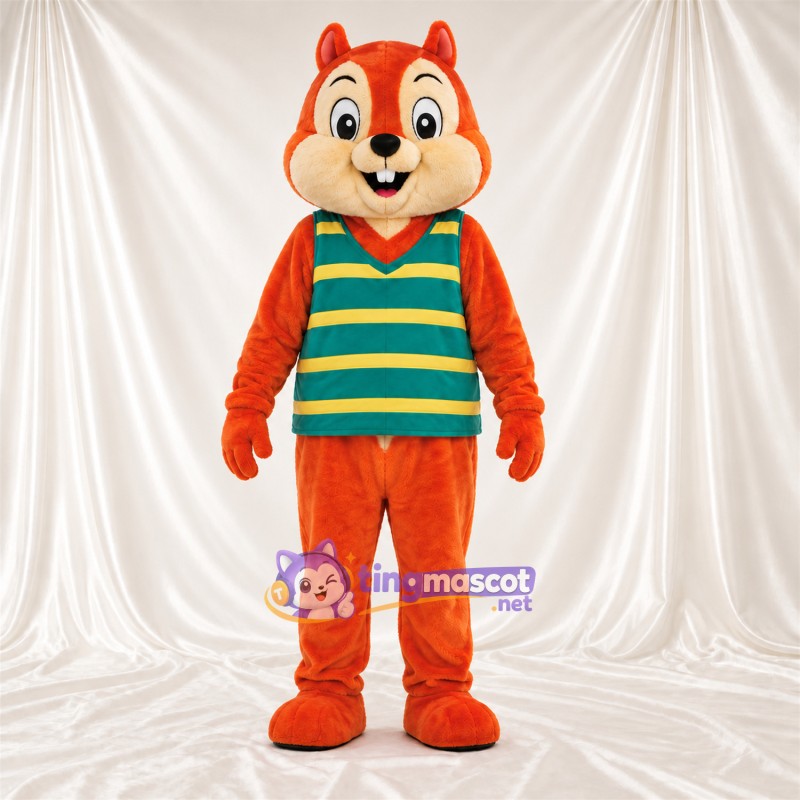 Brown Chipmunk Mascot Costume - Green and Yellow Striped Shirt Brown Chipmunk Mascot Costume - Green and Yellow Striped Shirt
