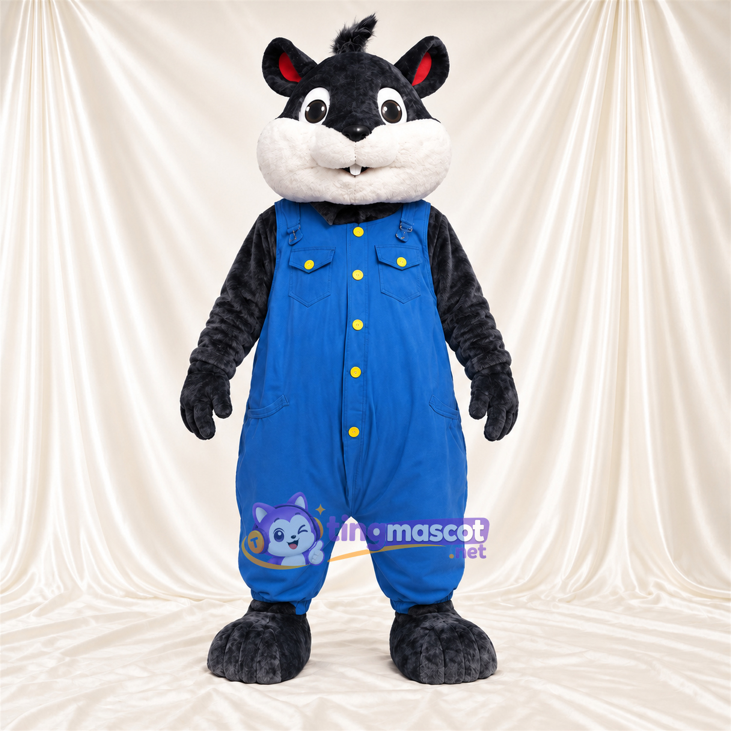 Black and Gray Raccoon Mascot Costume - Blue Overalls Black and Gray Raccoon Mascot Costume - Blue Overalls