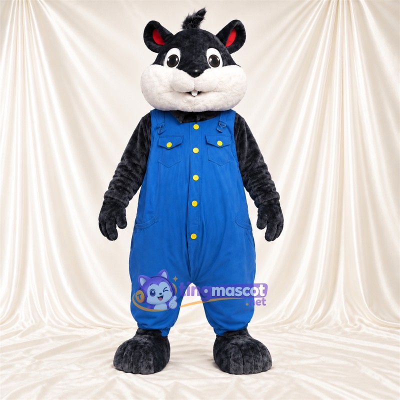 Black and Gray Raccoon Mascot Costume - Blue Overalls Black and Gray Raccoon Mascot Costume - Blue Overalls