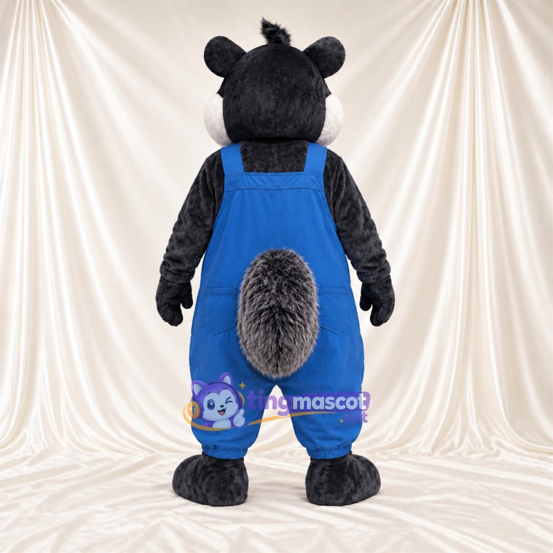 Black and Gray Raccoon Mascot Costume - Blue Overalls Black and Gray Raccoon Mascot Costume - Blue Overalls